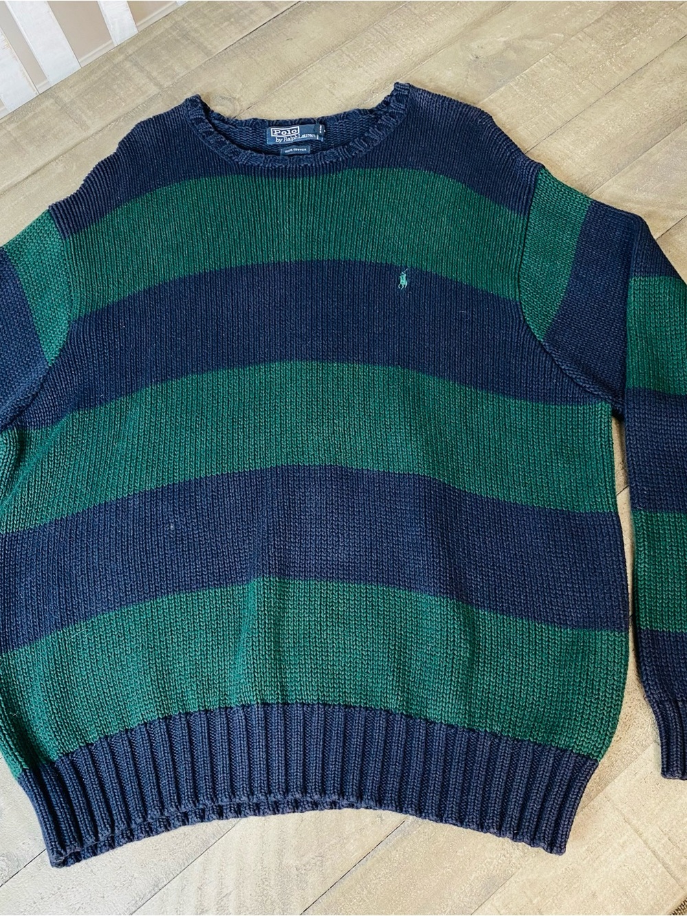 VTG 90s Polo Ralph Lauren Striped Knit Sweater Men’s Green Navy Crewneck XXL - Picture 3 of 7